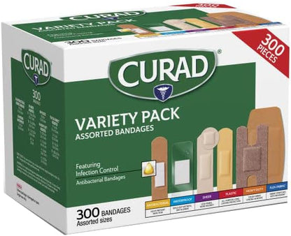 Curad Assorted Bandages Variety Pack 300 Pieces, Including Antibacterial, Heavy Duty, Fabric, and Waterproof Bandages