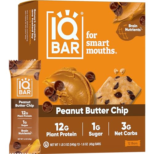 IQBAR Brain and Body Plant Protein Bars - Almond Butter Chip - 12 Count, Low Carb, High Fiber, Gluten Free, Vegan Snacks - Low Sugar Keto Energy Bars