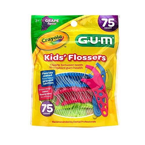 GUM Crayola Kids Flossers with Fluoride - Designed for Little Hands - Fun Grape Flavor - Easy to Use Kids Floss Picks for Children Ages 3+, 75 ct