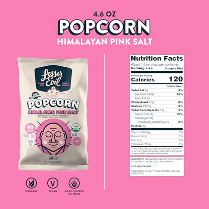 LesserEvil Himalayan Pink Salt Organic Popcorn, Premium Quality, Minimally Processed, No Vegetable Oil, 0.46 Oz, Pack of 24