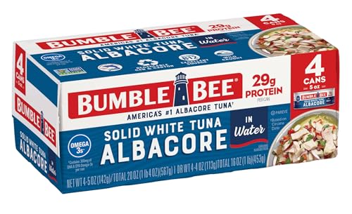 Bumble Bee Solid White Albacore Tuna in Water, 5 oz Can (Pack of 8) - Wild Caught Tuna - 29g Protein per Serving, High in Omega-3s - Non-GMO Project Verified, Gluten Free, Kosher