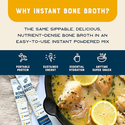 Bare Bones Bone Broth Instant Powdered Beverage Mix, Chicken, Pack of 16, 15g Sticks, 10g Protein, Keto & Paleo Friendly