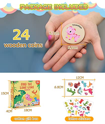 Wooden Match Memory Game for Kids, 24Pc Memory Matching Cards with 5Pc Tattoo Stickers, Educational Memory Matching Game for Pre-Kindergarten Early Learning Development Kids-Dinosaur