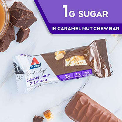 Atkins Endulge Caramel Nut Chew Bar, Dessert Favorite, 1g Sugar, Good Source of Fiber, Low Sugar, 10 Count