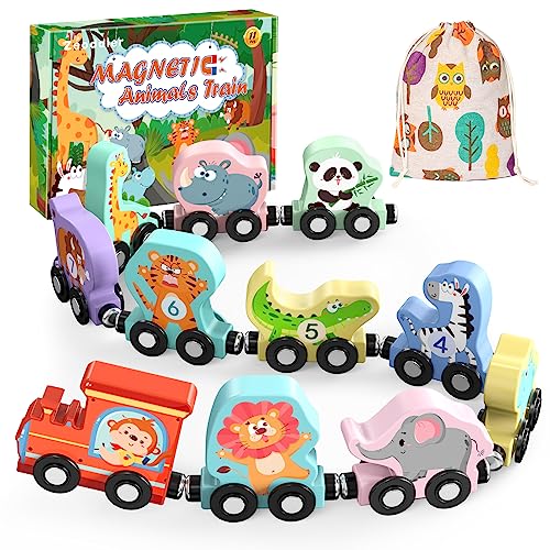 Toys for Toddlers, 11 Magnetic Wooden Animals Train Set, Montessori Toys for Toddlers, Preschool Learning Activities for kids, Birthday Gifts for Boys, Girls