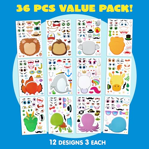 JOYIN 36 PCS 9.8”x6.7" Make a face Stickers for kids, Make Your Own Dinosaur Fantasy Animal Mix and Match Sticker Sheets Kids Crafts Party Favors Goodie Bags Stuffers for Kids