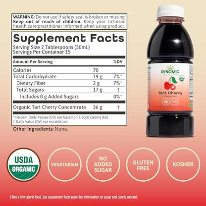 Dynamic Health Organic Tart Cherry Juice, Unsweetened 100% Juice Concentrate, Antioxidants Supplement, No Sweeteners or Additives, Vegan, Gluten Free, BPA Free, 32 oz