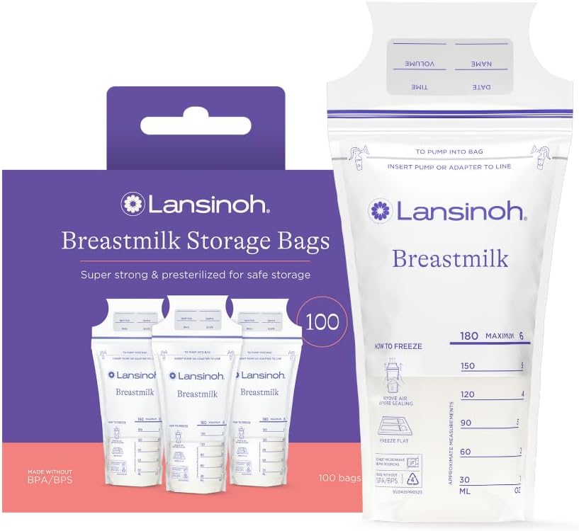 Lansinoh Breastmilk Storage Bags, 100 Count, Easy to Use Breast Milk Storage Bags for Feeding, Baby Essentials, Presterilized, Hygienically Doubled-Sealed for Freezing & Refrigeration, 6 Ounce