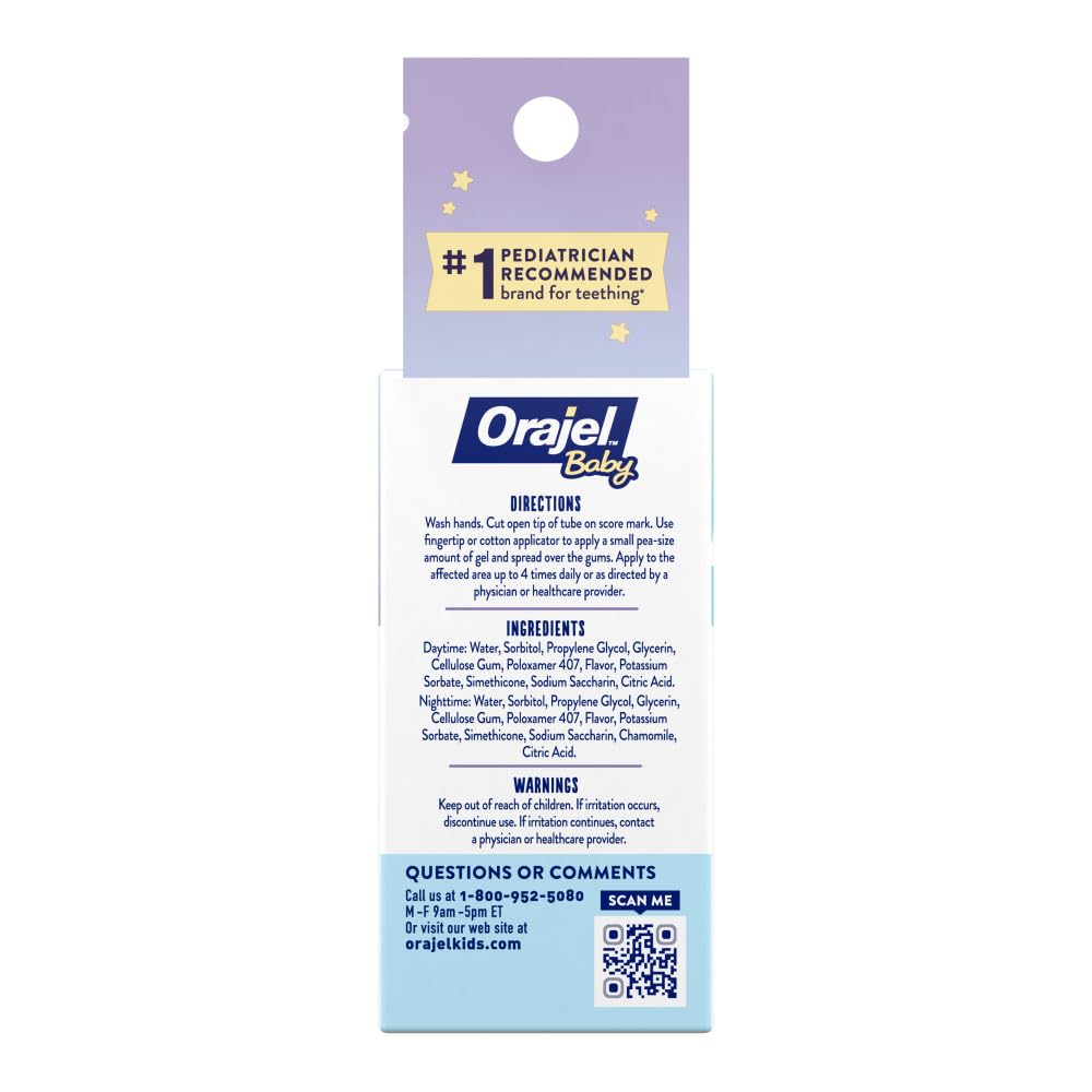 Orajel Baby Daytime & Nighttime Cooling Gels for Teething, Drug - Free, #1 Pediatrician Recommended Brand for Teething*, Two 0.18oz Tubes