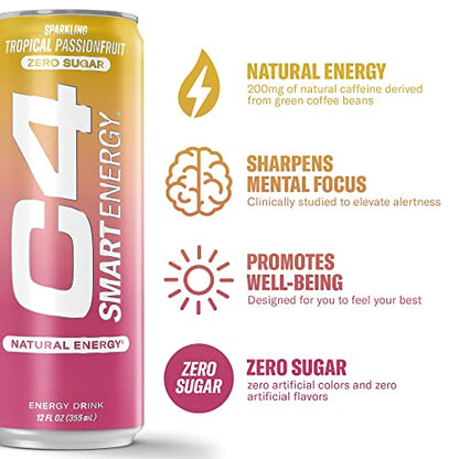 C4 Smart Energy Drink – Boost Focus and Energy with Zero Sugar, Natural Energy, and Nootropics - 200mg Caffeine - Cherry Berry Lime (12oz Pack of 12)