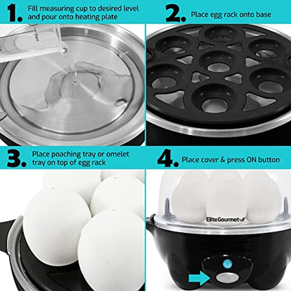 Elite Gourmet EGC-007## Rapid Egg Cooker, 7 Easy-To-Peel, Hard, Medium, Soft Boiled Eggs, Poacher, Omelet Maker, Auto Shut-Off, Alarm, 16-Recipe Booklet, BPA-Free, White