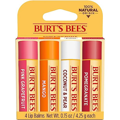 Burt's Bees Lip Balm - Pink Grapefruit, Mango, Coconut & Pear, and Pomegranate Pack, Lip Moisturizer With Beeswax, Tint-Free, Natural Origin Conditioning Lip Treatment, 4 Tubes, 0.15 oz.