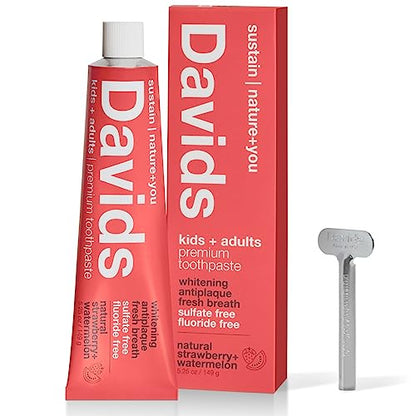 Davids Natural Toothpaste for Teeth Whitening, Peppermint, Antiplaque, Fluoride Free, SLS Free, EWG Verified, Toothpaste Squeezer Included, Recyclable Metal Tube, 5.25oz