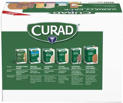 Curad Assorted Bandages Variety Pack 300 Pieces, Including Antibacterial, Heavy Duty, Fabric, and Waterproof Bandages