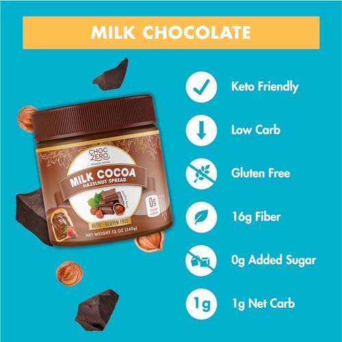 ChocZero Milk Chocolate Hazelnut Spread - Keto Friendly, No Sugar Added, Best Low Carb Dessert, Perfect Topping for Almond Flour Pancakes, Naturally Sweetened with Monk Fruit (1 jar, 12 oz)