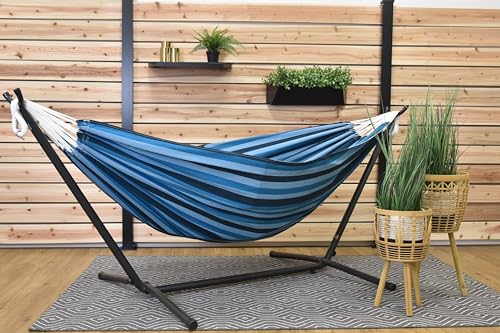 Vivere Double Hammock with Space Saving Steel Stand, Natural (450 lb Capacity - Premium Carry Bag Included)