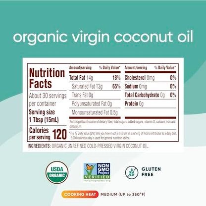 Nutiva Organic Coconut Oil 15 fl oz, Cold-Pressed, Fresh Flavor for Cooking, Natural Hair, Skin, Massage Oil and, Non-GMO, USDA Organic, Unrefined Extra Virgin Coconut Oil (Aceite de Coco)