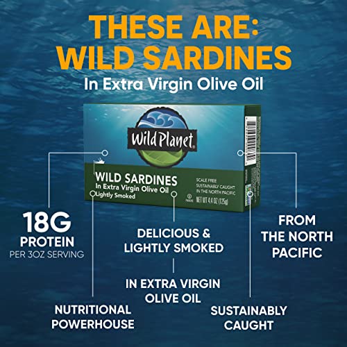 Wild Planet Wild Sardines in Extra Virgin Olive Oil, Lightly Smoked, Tinned Fish, Sustainably Wild-Caught, Non-GMO, Kosher, Gluten Free, 4.4. Ounce (Pack of 12)