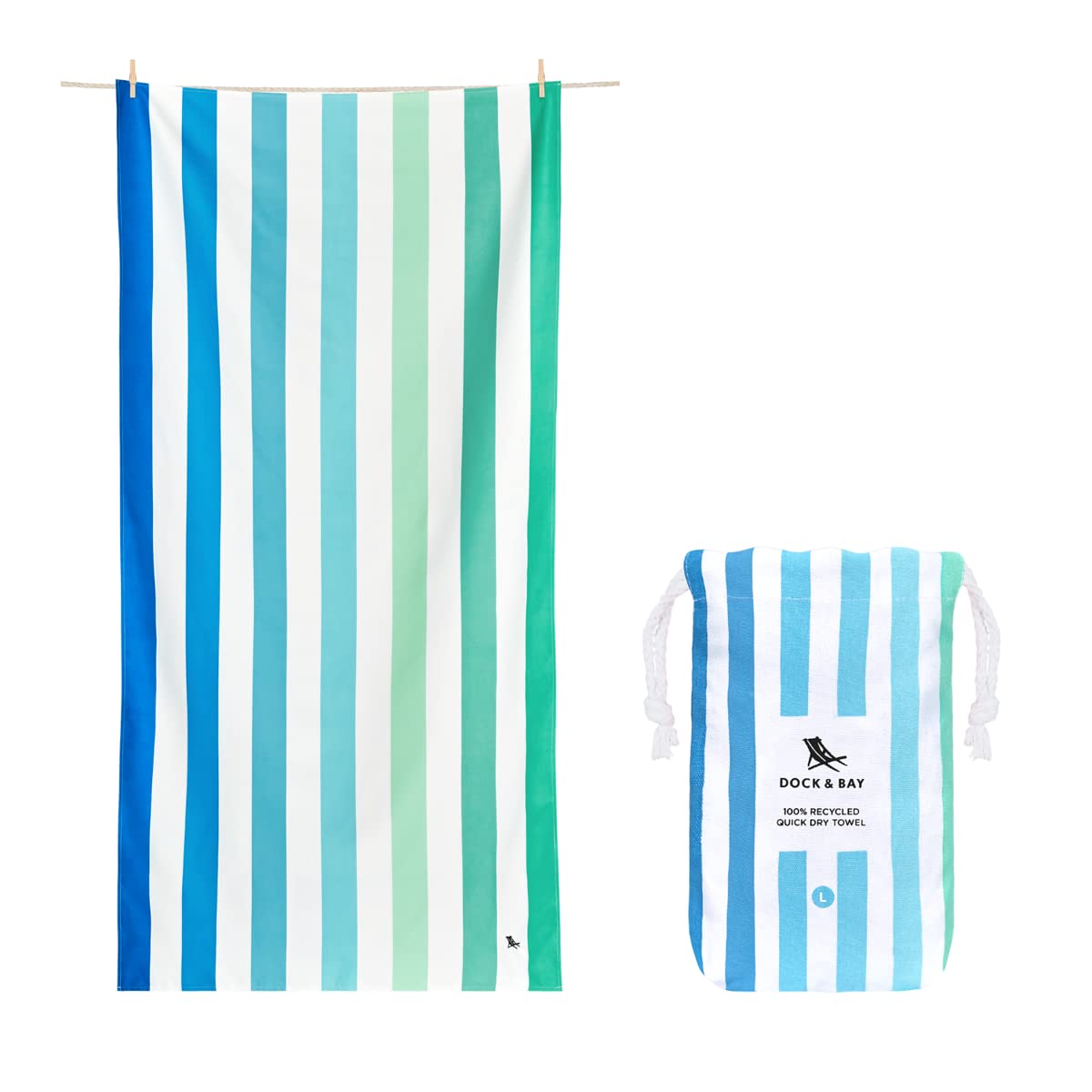 Dock & Bay Beach Towel - Quick Dry, Sand Free - Compact, Lightweight - 100% Recycled - includes Bag - Cabana - Bondi Blue - Extra Large (200x90cm, 78x35)