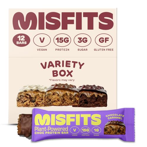 Misfits Vegan Protein Bar, Variety Pack, Plant Based Chocolate Protein Bars, High Protein Snacks for Adults with 15g Plant Protein Per Bar, Low Carb, 1g Sugar, High Fiber, Healthy Snack Food, 12 Pack