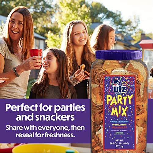 Utz Party Mix - 26 Ounce Barrel - Tasty Snack Mix Includes Corn/Nacho Tortillas, Pretzels, BBQ Corn Chips and Cheese Curls, Easy and Quick Party Snacks, Cholesterol Free and Trans-Fat Free