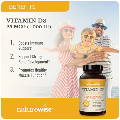 NatureWise Vitamin D3 1000iu (25 mcg) 1 Month Supply for Healthy Muscle Function, Bone Health and Immune Support, Non-GMO, Gluten Free in Cold-Pressed Olive Oil, Packaging May V, 30 Count