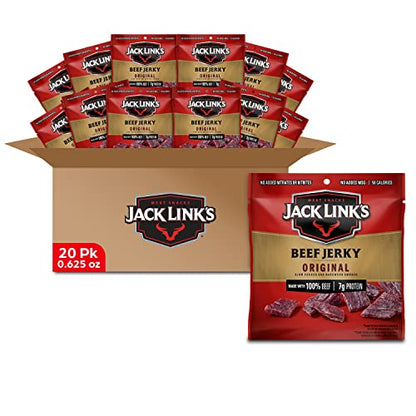 Jack Link's Beef Jerky, Original, Multipack Bags – Flavorful Meat Snacks for Lunches, Ready to Eat, Individual Packs - 7g of Protein, Made with 100% Beef – 0.625 oz (Pack of 20)