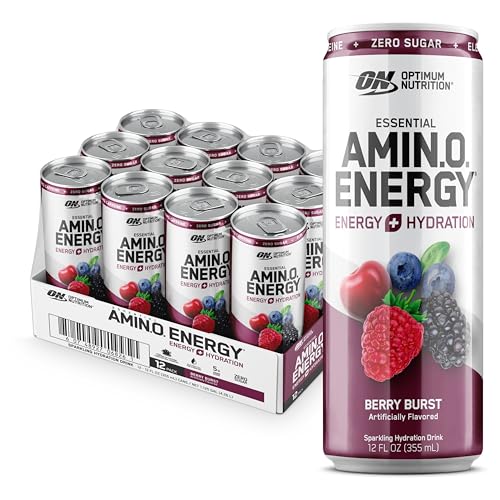 Optimum Nutrition Amino Energy Sparkling Hydration Drink, Electrolytes, Caffeine, Amino Acids, BCAAs, Sugar Free, Juicy Strawberry, 12 Fl Oz, 12 Pack (Packaging May Vary)