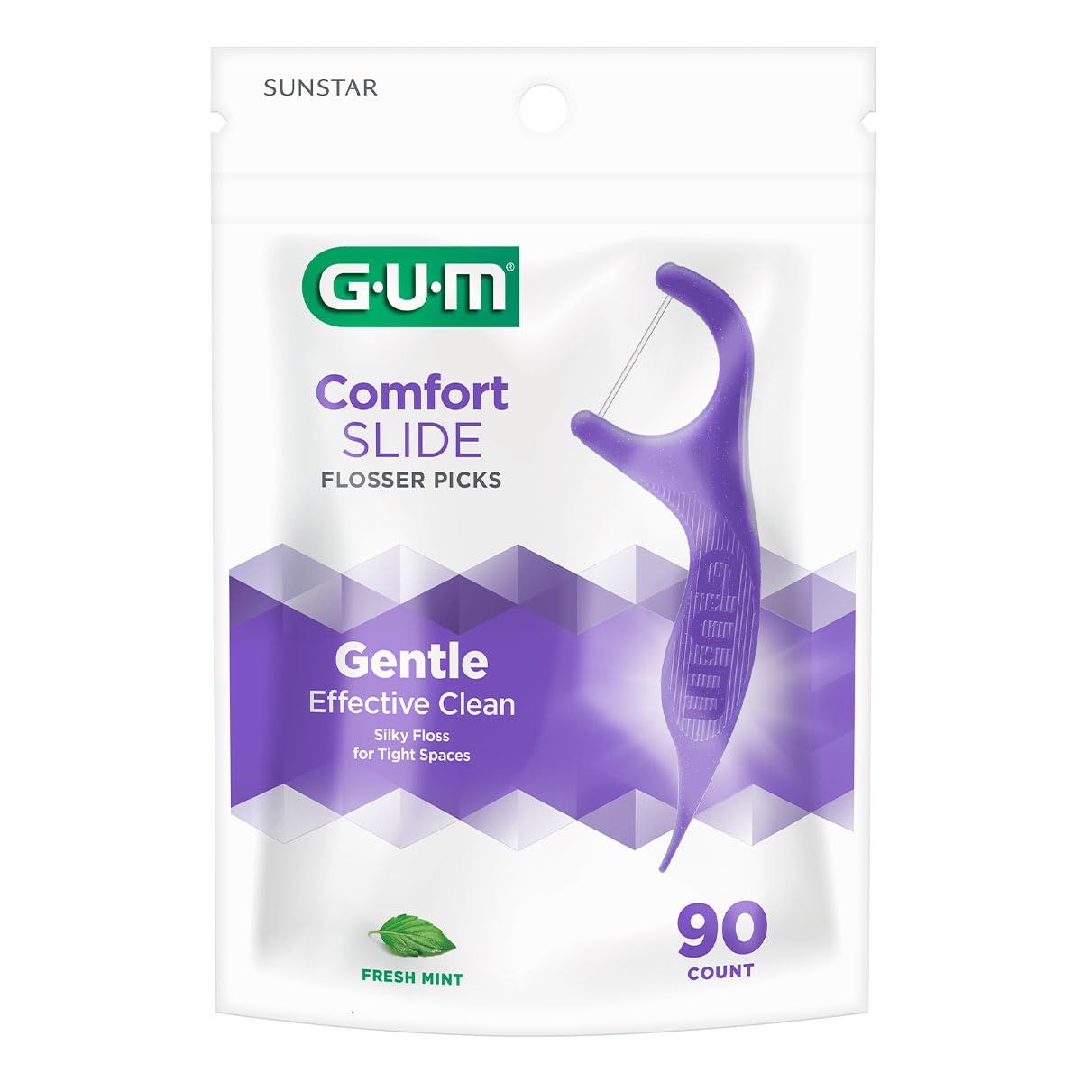 GUM Comfort Slide Floss Picks - Perfect for Tight Teeth - Extra Strong Shred-Resistant Dental Floss, Easy Grip Handle - Dental Flossers for Adults - Fresh Mint Flavor, 90 ct