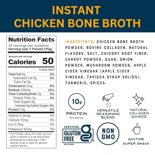 Bare Bones Bone Broth Instant Powdered Beverage Mix, Chicken, Pack of 16, 15g Sticks, 10g Protein, Keto & Paleo Friendly