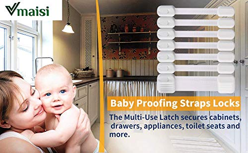 6 Pack Vmaisi Multi-Use Adhesive Straps Locks - Childproofing Baby Proofing Cabinet Latches for Drawers, Fridge, Dishwasher, Toilet Seat, Cupboard, Oven,Trash Can, No Drilling (White) (6)