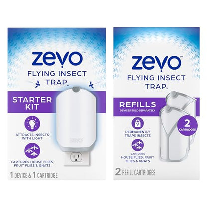 Zevo Flying Insect Trap, Fly Trap, Fruit Fly Trap (2 Plug-in Bases + 2 Refill Cartridges)