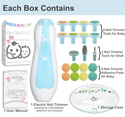 Royal Angels Baby Nail File 21 in 1, Safe Electric Baby Nail Buffer, Extra 13 Replacement Tools, Baby Nail Kit, Baby Nail Trimmer, Newborn Toddler Toes and Fingernails Clipper, Trim and Polish (Blue)