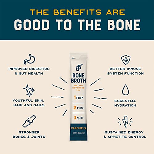 Bare Bones Bone Broth Instant Powdered Beverage Mix, Chicken, Pack of 16, 15g Sticks, 10g Protein, Keto & Paleo Friendly