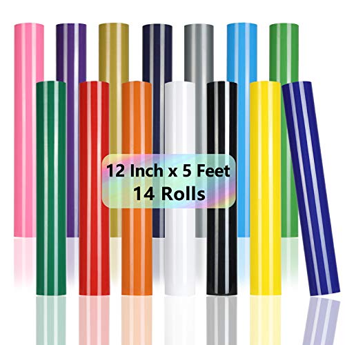 TUMIYA 14 Rolls Heat Transfer Vinyl, 12 Inch x 5 Feet Adhesive Glossy Iron on Vinyl for T-Shirt HTV Vinyl (14 Colors, 12 inch x 5 feet)