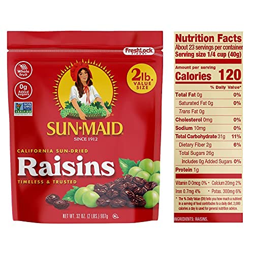 Sun-Maid California Sun-Dried Raisins - (2 Pack) 32 oz Resealable Bag - Dried Fruit Snack for Lunches, Snacks, and Natural Sweeteners