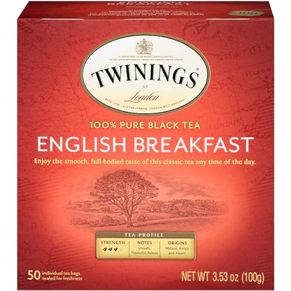 Twinings English Breakfast Black Tea, 100 Individually Wrapped Tea Bags, Smooth, Flavourful, Robust, Caffeinated, Enjoy Hot or Iced