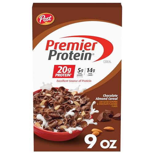 Post Premier Protein Chocolate Almond Cereal, Chocolatey Protein Cereal Flakes with Sliced Almonds, Contains 20g of Protein Per Serving, 9 OZ Box