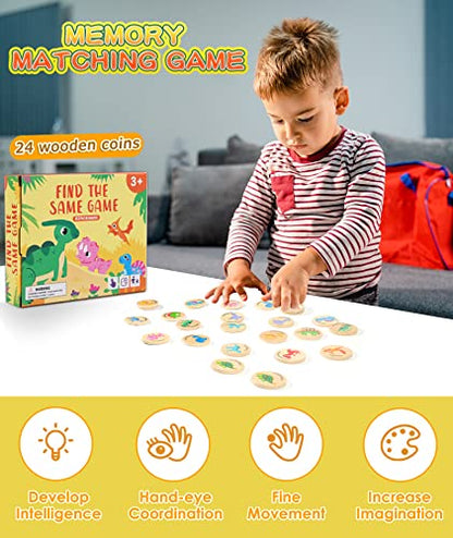 Wooden Match Memory Game for Kids, 24Pc Memory Matching Cards with 5Pc Tattoo Stickers, Educational Memory Matching Game for Pre-Kindergarten Early Learning Development Kids-Dinosaur