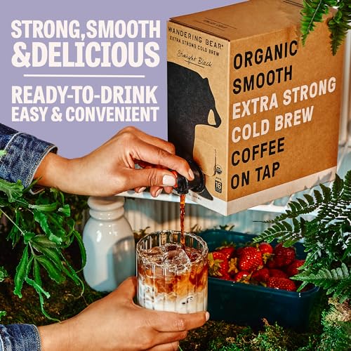 Wandering Bear Straight Black Organic Cold Brew Coffee On Tap, 96 fl oz - Extra Strong, Smooth, Unsweetened, Shelf-Stable, and Ready to Drink Iced Coffee, Cold Brewed Coffee, Cold Coffee