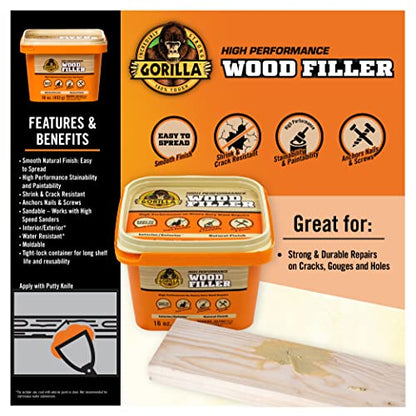 Gorilla All Purpose Wood Filler, 16 Ounce Tub, Natural (Pack of 1)