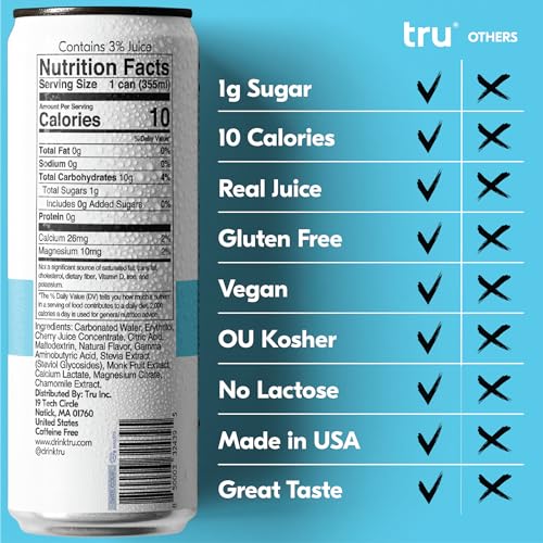 Tru Dream Seltzer, Sleep Aid Calming Drinks with Magnesium, Tart Cherry Fruit Juice Flavored Sparkling Water, Caffeine Free, Kosher, Gluten Free, Vegan, Low Calories, No Sugar Added Beverages, 12oz (Pack of 12)