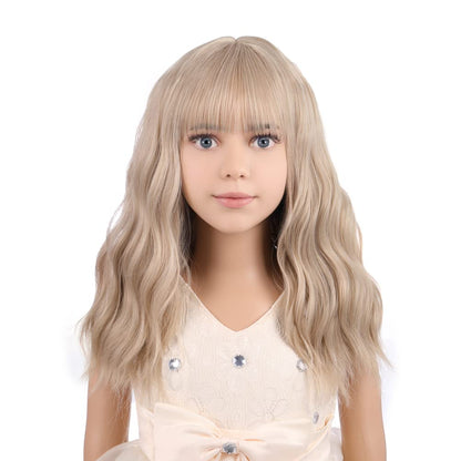 Blonde Wig Kids Child Wig Short Wavy Wig with Bangs Flaxen Blonde Wig Synthetic Girls Wig Cosplay Halloween Party Costume Wig (Flaxen Blonde)