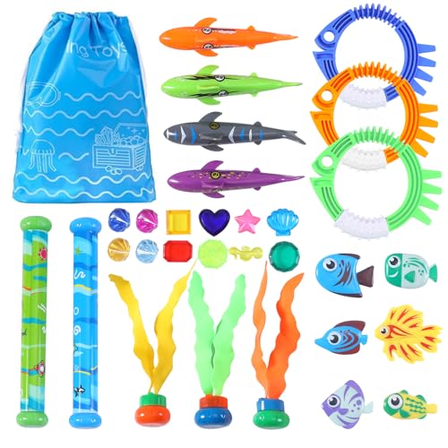 30 Packs Summer Pool Diving Swimming Essentials Toys for Kids, Fun Swim Games Sinking Set, Underwater Dive Gifts with Storage Bag Include Torpedo Gems Shark Rings Sea Animals for Boys Girls Toddlers