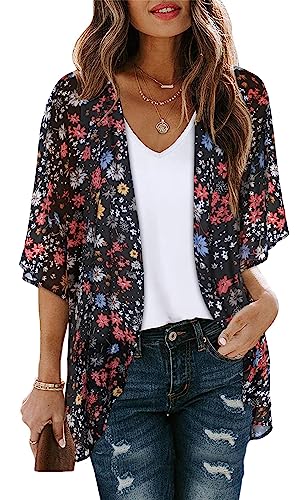 Women's Floral Print Puff Sleeve Kimono Cardigan Loose Cover Up Casual Blouse Tops