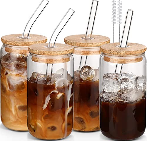 Glass Cups with Lids and Straws 4 pcs-DWTS Coffee cups,Drinking glasses set,Glass tumbler with straw and lid gift 2 Cleaning Brushes