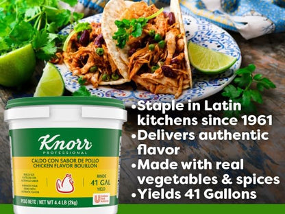 Knorr Professional Caldo de Pollo, Chicken Bouillon with Chicken Flavor Granulated Base, Bouillon as a Base, Marinade, Flavor Enhancer, Shelf Stable Convenience, 0g Trans Fat, 4.4 lbs, Pack of 4