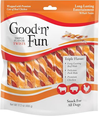 Good'n'Fun Triple Flavor Twists, Dog Chew Sticks, Premium Chicken and Beef Hide Treats for Dogs, 70 Count