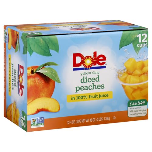 Dole Fruit Bowls Diced Peaches in 100% Juice Snacks, 4oz 12 Total Cups, Gluten & Dairy Free, Bulk Lunch Snacks for Kids & Adults