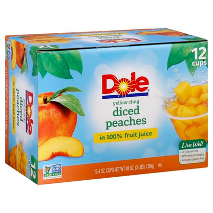 Dole Fruit Bowls Diced Peaches in 100% Juice Snacks, 4oz 12 Total Cups, Gluten & Dairy Free, Bulk Lunch Snacks for Kids & Adults